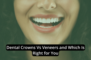 Close-up of a smiling person with white teeth, highlighting the text "Dental Crowns vs Veneers and Which Is Right for You" at the bottom of the image.