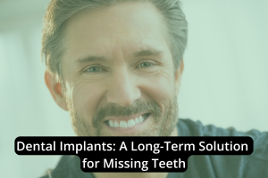 A smiling man with facial hair is shown, highlighting the benefits of dental implants with the text "Dental Implants: A Long-Term Solution for Missing Teeth" overlaid at the bottom.