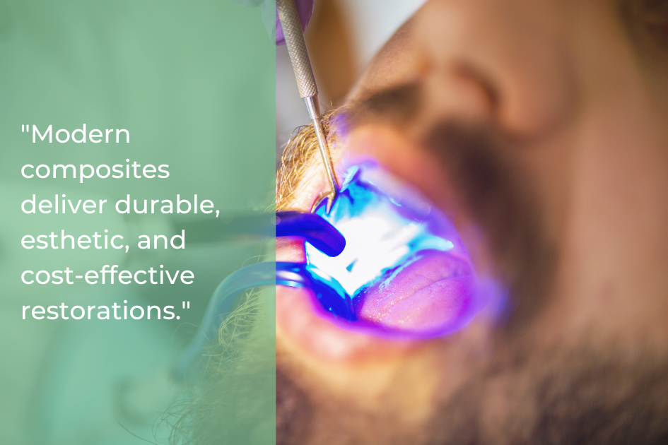 A dental professional uses a curing light on a patient's tooth while holding instruments; a quote about modern, metal-free fillings and composite restorations appears on the left side. Ideal for practices in Austin TX.