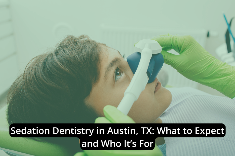 A dentist practices sedation dentistry Austin by placing a sedation mask over a young patient's nose while the patient lies comfortably in a dental chair.