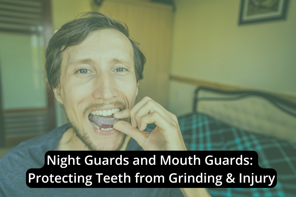 A man inserts a clear mouth guard, with a caption explaining how Night Guards and Mouth Guards help protect teeth from damage caused by Teeth Grinding.